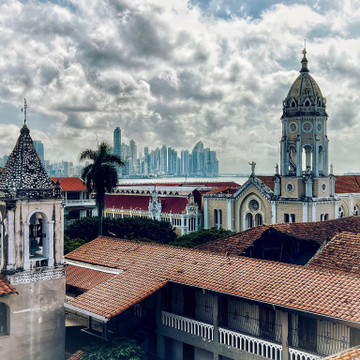 The picture was taken from the rooftop of a hotel in the Casco Viejo historic district of Panama City, gazing back over to the modern buildings of the city.
