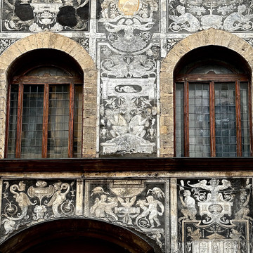 The Palace of Bianca Cappello in Florence Italy; a Renaissance style building notable for its black facade decoration.