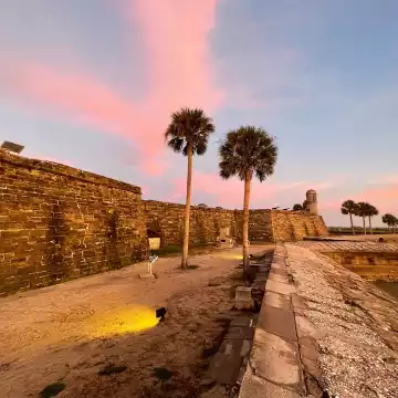 A couple of palm trees poke out of the dirt of a path around the Castillos de San Marcos fort in St Augustine,  while the early morning sun paints the clouds in the sky with pink.
