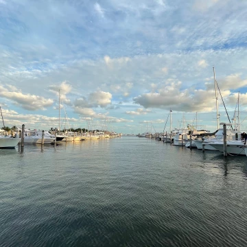 Boats and yachts line up in their moorings in Dinner Key Marina in Coconut Grove, south Florida, as clouds march across the tropical sky over the Atlantic.