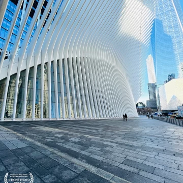 The ribbed walls of the Oculus building erected on the spot where the Twin Towers stood before 9/11 capture the sunlight and shadows of neighboring buildings on a recent more in New York City.