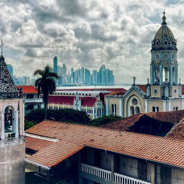 The picture was taken from the rooftop of a hotel in the Casco Viejo historic district of Panama City, gazing back over to the modern buildings of the city.