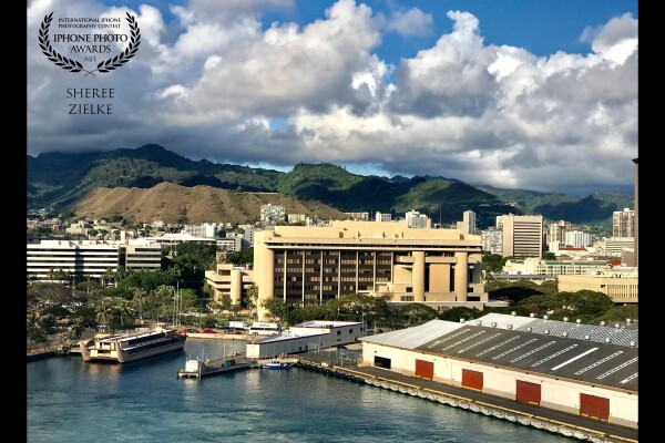 A perfect day in Honolulu Hawaii awaiting our ship to leave port. Issues kept the ship in port an extra day, but it also allowed me this vantage point for a shot of the harbor and gorgeous Hawaiian vista. 