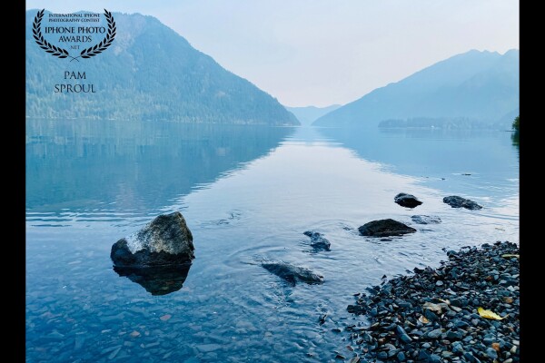 Lovely Crescent Lake in the Olympic National Forest in the Pacific Northwest ~<br />
I was concerned about getting a photo as there was smoke from surrounding fires and instead, the smoke gave the lake an ethereal feel ~ very mystical. “Lake Crescent misty view -2020“