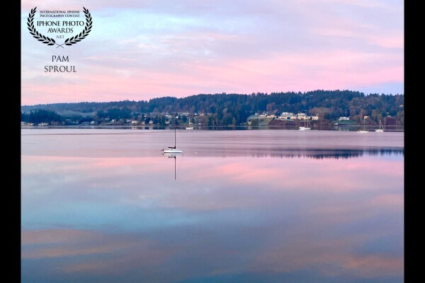 Amazing spring sunrise in the Pacific Northwest ~ a lovely pink sky was developing on Liberty Bay with a single sailboat in the center. I stopped my car and rushed over to capture this moment with my iPhone 11~ keep shooting ???<br />
<br />
“Pink Silhouette Liberty Bay”-2021 