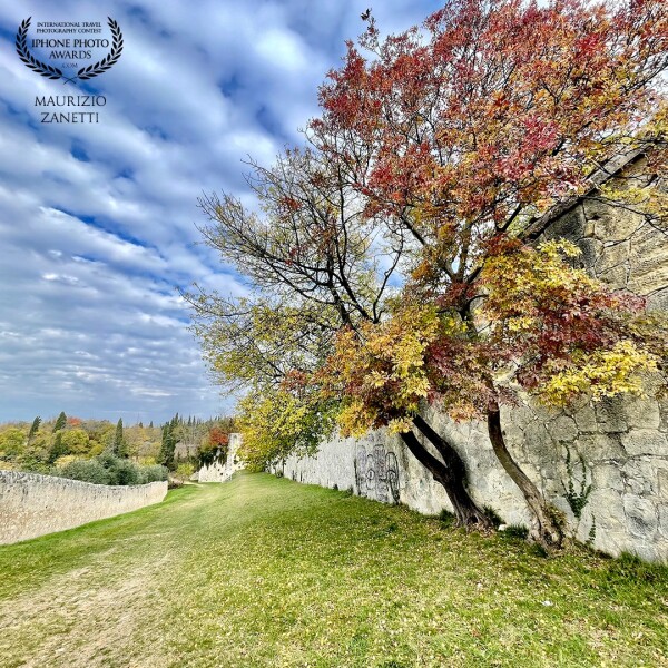 The path along the ancient walls of Verona, an oasis of peace and nature a few hundred meters from the city center. A postcard sky is the backdrop to the autumn foliage.