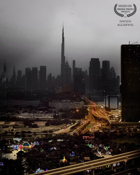 A beautiful skyline of Dubai, UAE. The view is mesmerizing especially in the Blur hour. This picture was taken from another high rise building and the lights of tragic with blue sky was looking dreamy