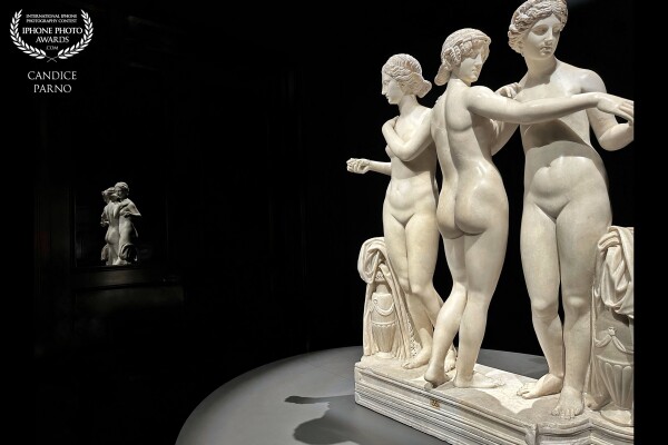 The Three Graces-Aglaia, Euphrosyne, and Thalia - are the daughters of Zeus and are the ancients who embody beauty, joy, and harmony.  The statue was on display at the Vatican Museums and I loved the reflection caught in the doorway glass.