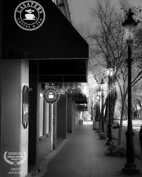 A cozy cafe to visit and lovely place to stroll at night in downtown Cleveland, Tennessee.