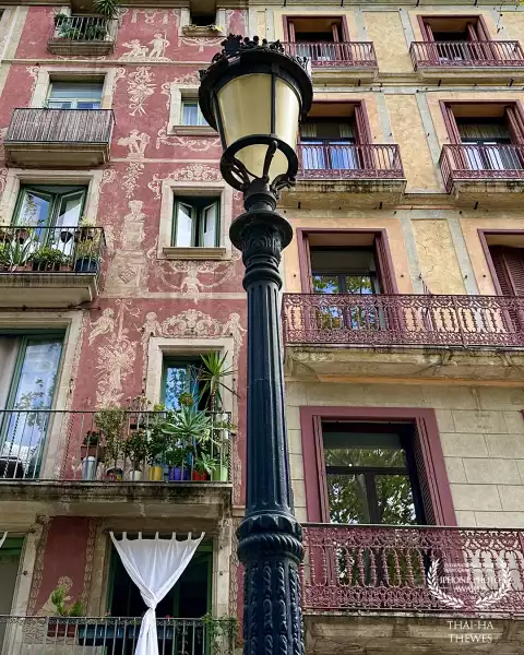 Beautiful streetlamp and facades located in La Rambla which is considered the most famous promenade in Barcelona, Catalunya, Spain.