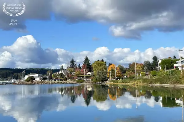 This beautiful section of fall colors appears to be floating on Liberty Bay ~ as always the reflection draws my eye and my iPhone <br />
“Fall cloud reflections on Liberty Bay”-3024