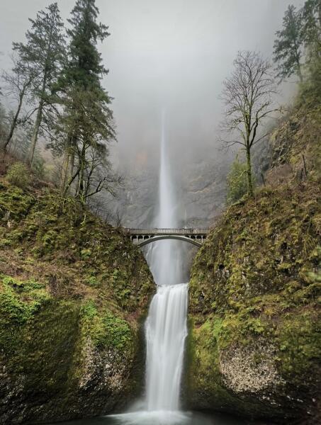 Multnomah Falls in the fog.