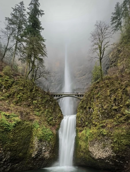 Multnomah Falls in the fog.