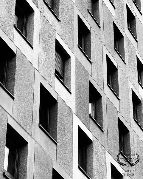 Concrete facade of a newly built student dorm in Freiburg, Black Forest, Germany.