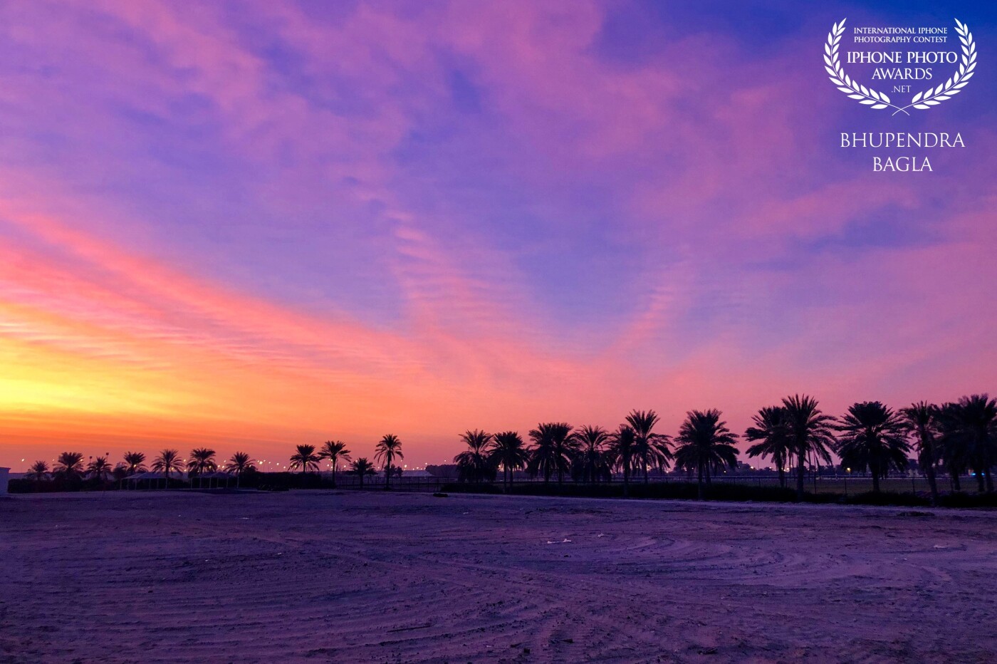 This mesmerizing view was shot outside one of the horse stables near Meydan race course road in Dubai. The perfect sunrise along with the blend of palm trees make the picture very intoxicating. For a moment I felt that I am in Florida. It was a moment of "Deja-Vu". 
