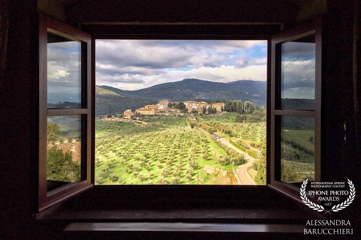 The view from one of the windows of the Villa Medicea La Ferdinanda, known as the "Villa of one hundred chimneys", in Artimino, Prato, Italy.
