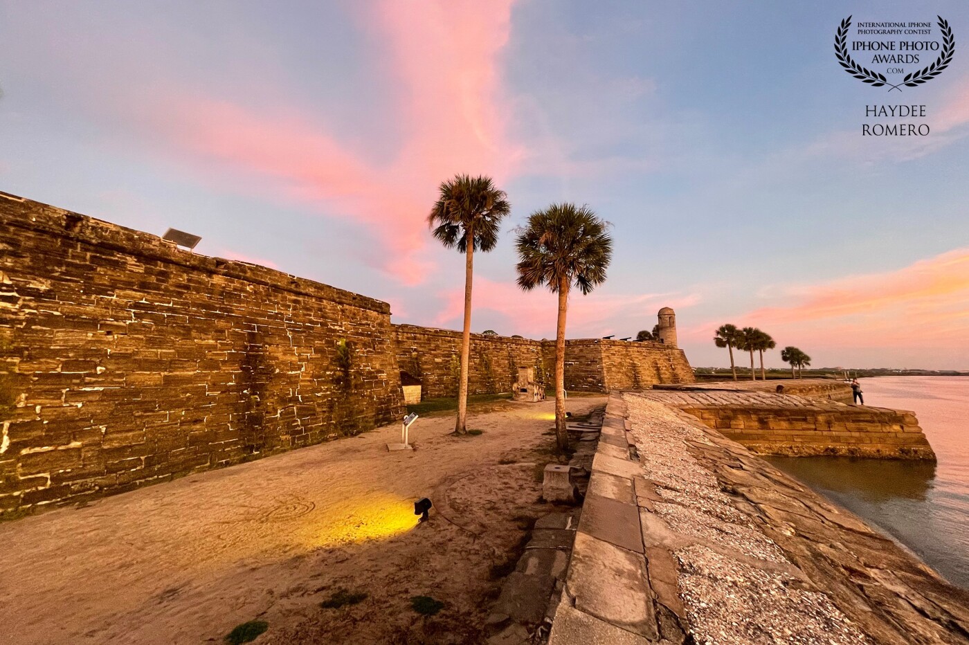 A couple of palm trees poke out of the dirt of a path around the Castillos de San Marcos fort in St Augustine,  while the early morning sun paints the clouds in the sky with pink.