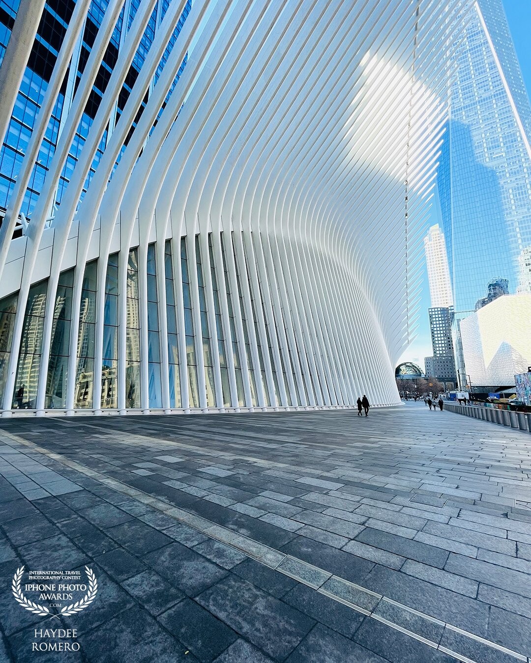 The ribbed walls of the Oculus building erected on the spot where the Twin Towers stood before 9/11 capture the sunlight and shadows of neighboring buildings on a recent more in New York City.