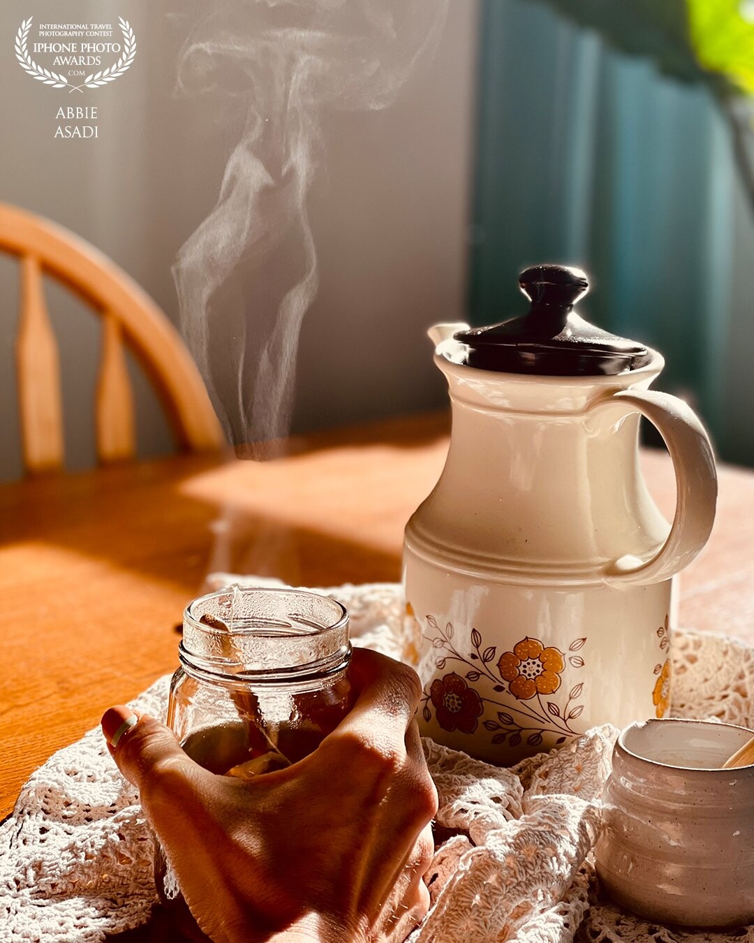 From a photo shoot with a gorgeous individual for whom we were promoting her wellness teas and couldn’t help but capture the rise of the steam from the hot drink into the beautiful light.