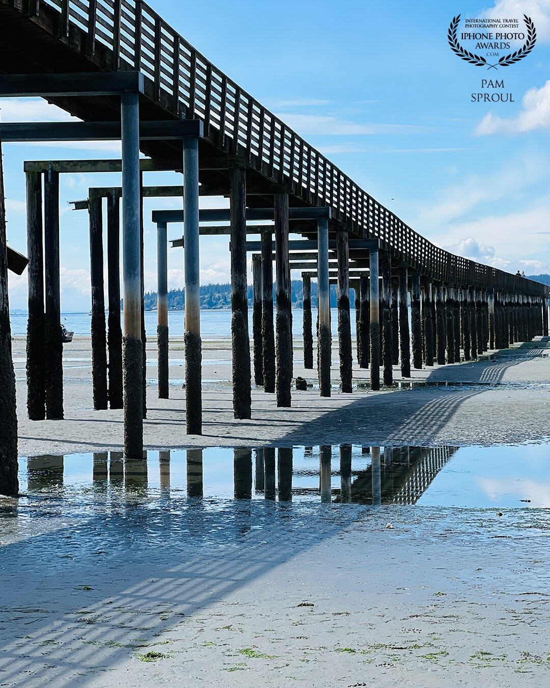 The magic of a long pier view set against the seaside. Grateful when the light, reflections and shadows all line up and grateful to have my iPhone ready to capture the beauty.<br />
<br />
“Pier Reflections”-2022