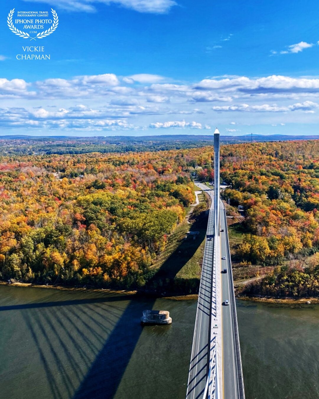This was the magnificent view from the Penobscot Narrows Bridge Observatory in Maine, US. My vantage point of looking down on the bridge gave it a unique leading line into the horizon. I also loved the shadows in the water that hints of the actual construction of the bridge.