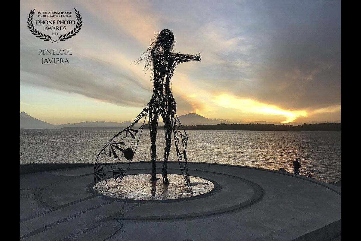 "Princess Licarayén invoking the sunrise" This sculpture was created by a self-taught Bolivian origin Llanquihue Lake, Osorno Volcano, Puerto Varas-Chile.