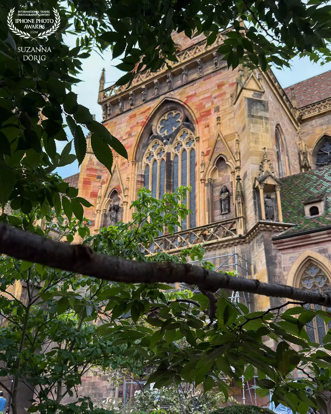 The Gothic St. Martin’s Cathedral from the 13th century stands in the central Place de la Cathédrale in Colmar. The city is located on the Alsace Wine Route, which is known for Riesling and Gewürztraminer from the region.