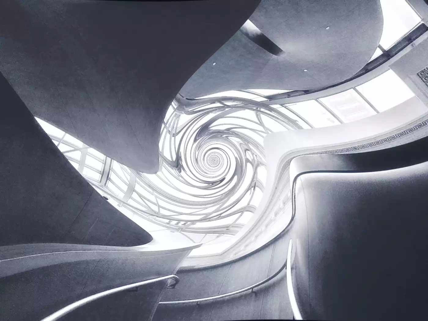 This photograph was taken at the Art of Ontario of a staircase outside of an exit. There are many hi...