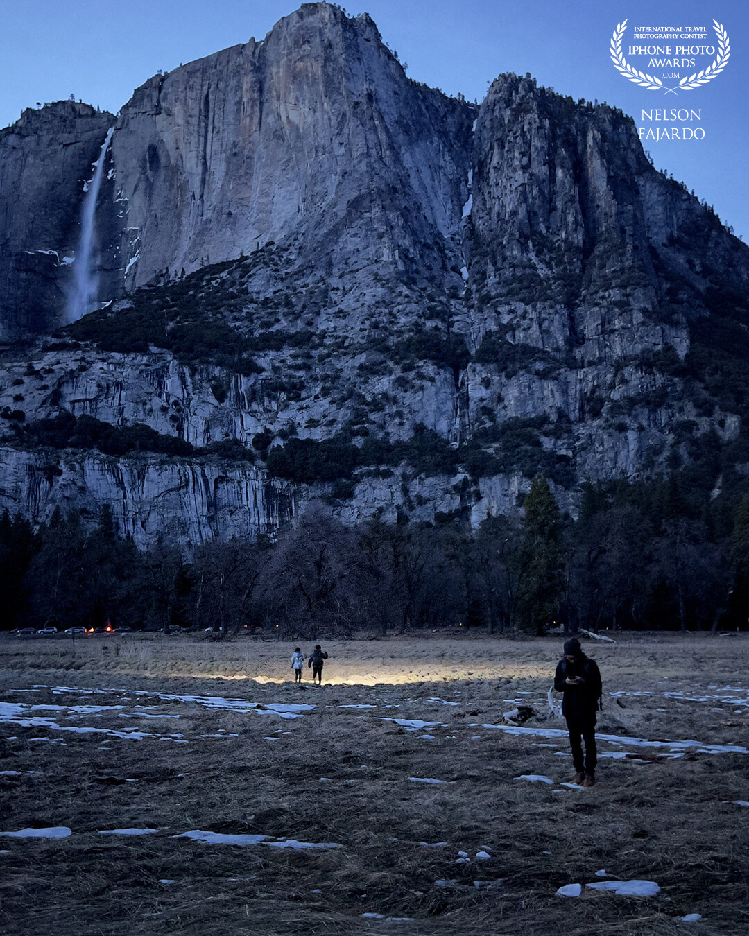 Early evening walk at the trail at the valley and the Yosemite waterfall and kids with flashlights looking for frogs.