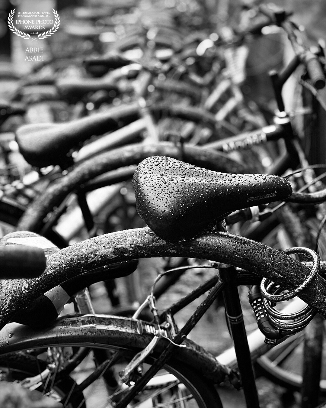 A wet day in Oxford, UK and capturing the dew drops on the sea of bicycles that adorned the street opposite the doors of one of the famous colleges.