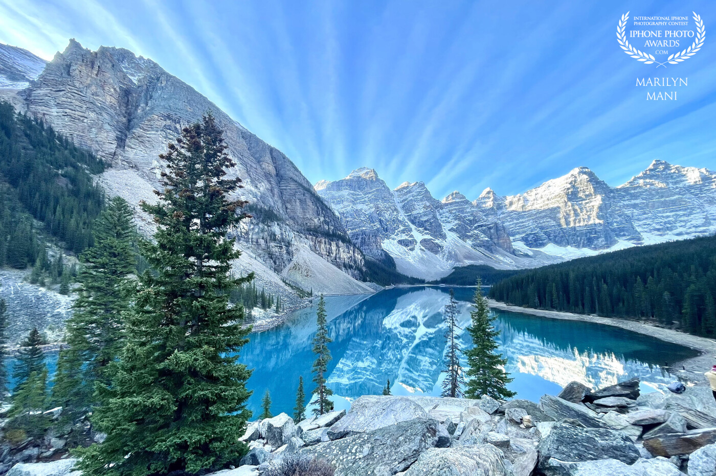 Moraine Lake in all its glory. This is a photographer’s dream come true. An early morning walk to capture this view felt like a dream! The clouds were on my side too with that pattern!