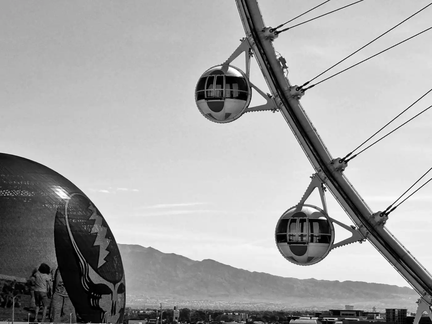 The view from our hotel room in Las Vegas, the Sphere and the Linq High Roller.