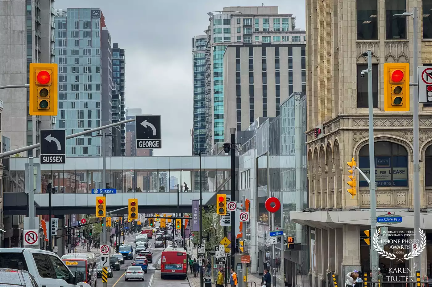 The busy streets of Downtown Ottawa at the cross-section with Sussex Drive where many Foreign Embassies can be found and where our Prime Minister lives.